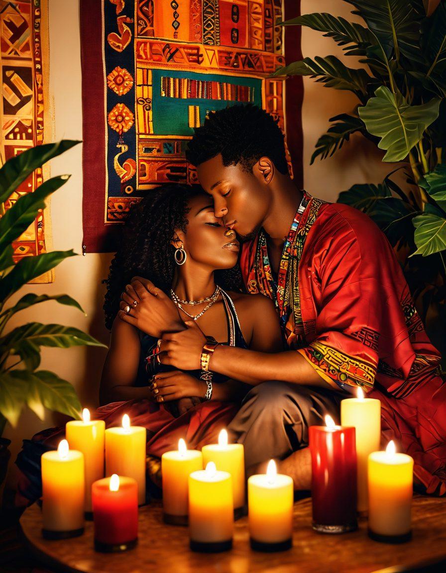 A warm, inviting setting featuring a couple sharing an intimate moment, surrounded by subtle symbols of African American culture, such as kente cloth patterns and vibrant colors. Soft lighting casts a romantic glow, highlighting their connection and joy. Include elements like candles, lush greenery, and artistic representations of love and friendship. The scene should evoke warmth and creativity, blending sensuality with cultural richness. super-realistic. vibrant colors. soft lighting.