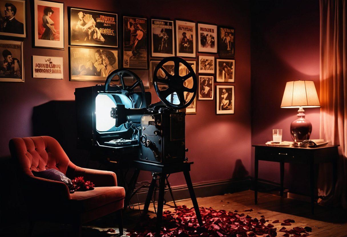 A sultry, dimly-lit scene showcasing an intimate setting, with an old film projector casting soft light on a wall featuring vintage adult film posters. In the foreground, a silhouette of a couple sharing a passionate moment is visible, surrounded by plush velvet fabrics and scattered rose petals. The atmosphere exudes warmth and allure, inviting the viewer to explore the connection between nostalgia and modern sensuality. vibrant colors. cinematic style. soft focus.