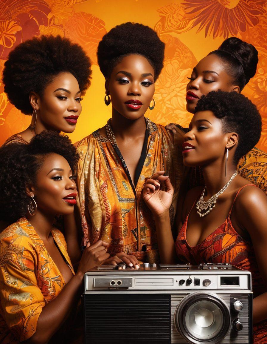 A captivating scene showcasing a diverse group of confident Black individuals celebrating sensuality in an artistic, tasteful manner. The background is adorned with vibrant African patterns, while soft, warm lighting highlights their expressions of joy and empowerment. Elements of film and cinema, like vintage projectors and film reels, subtly weave into the composition, symbolizing the exploration of African American adult films. The scene conveys an atmosphere of celebration, inclusivity, and artistic expression. super-realistic. vibrant colors. cultural art influences.